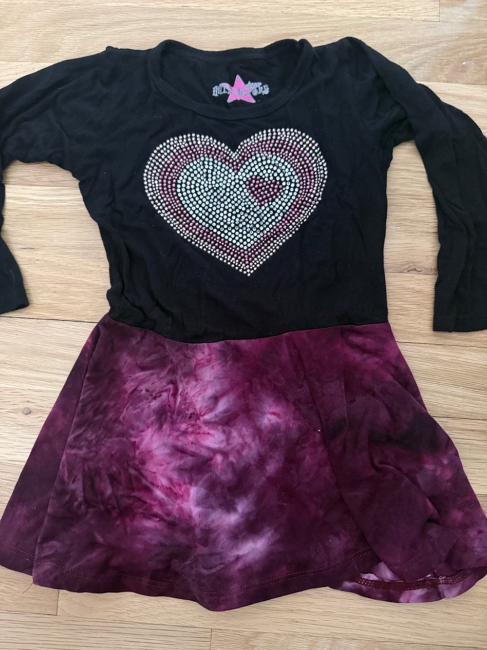Hanna Sky Black Long Sleeve Dress with Rhinestone Heart and Maroon Tie-Dye Skirt